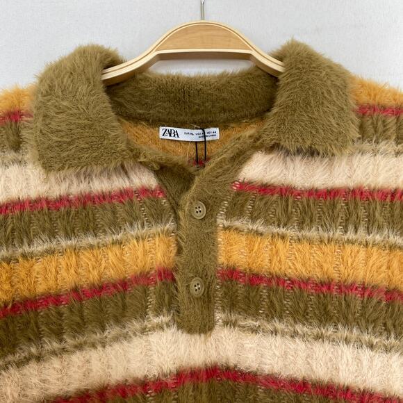 ZARA Fuzzy Striped Polo Sweater Men XL Retro 90s Cozy Knit Olive Green NWT - Picture 3 of 9